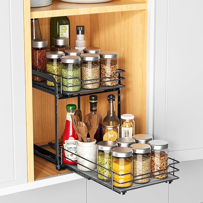 RCHYFEED Spice Rack, 2 Tier Pull out Cabinet Spice Organizer, Height Adjustable