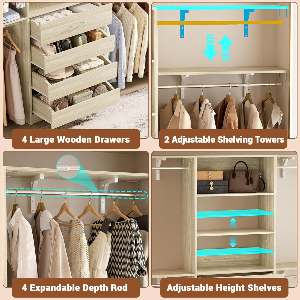 Aheaplus Closet System with 4 Drawers, 8FT Wood Closet Organizer System