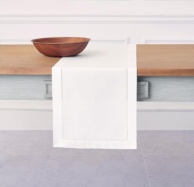 Solino Home White Table Runner 120 Inches Long - Cotton Linen Hemstitch 14 x ...