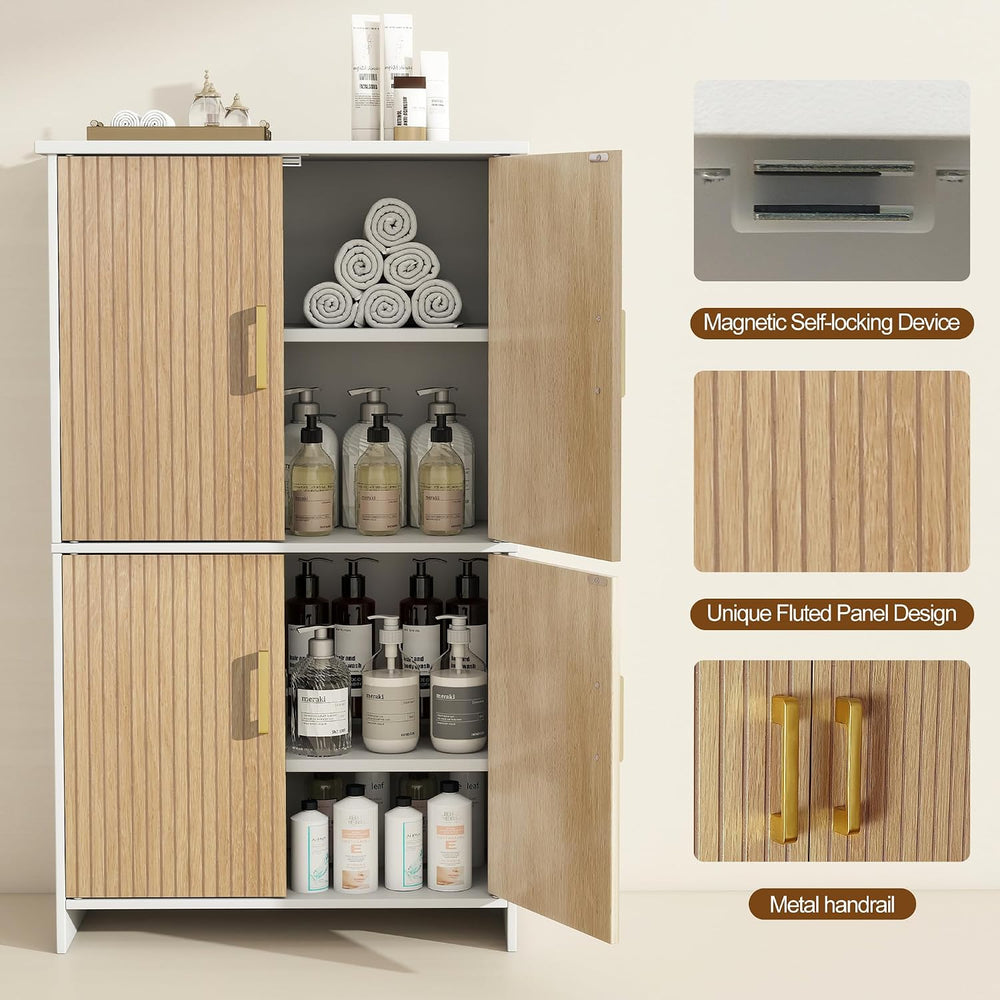 Bathroom Storage Cabinet, Floor Cabinet with 4 Fluted Doors and 2 Adjustable ...