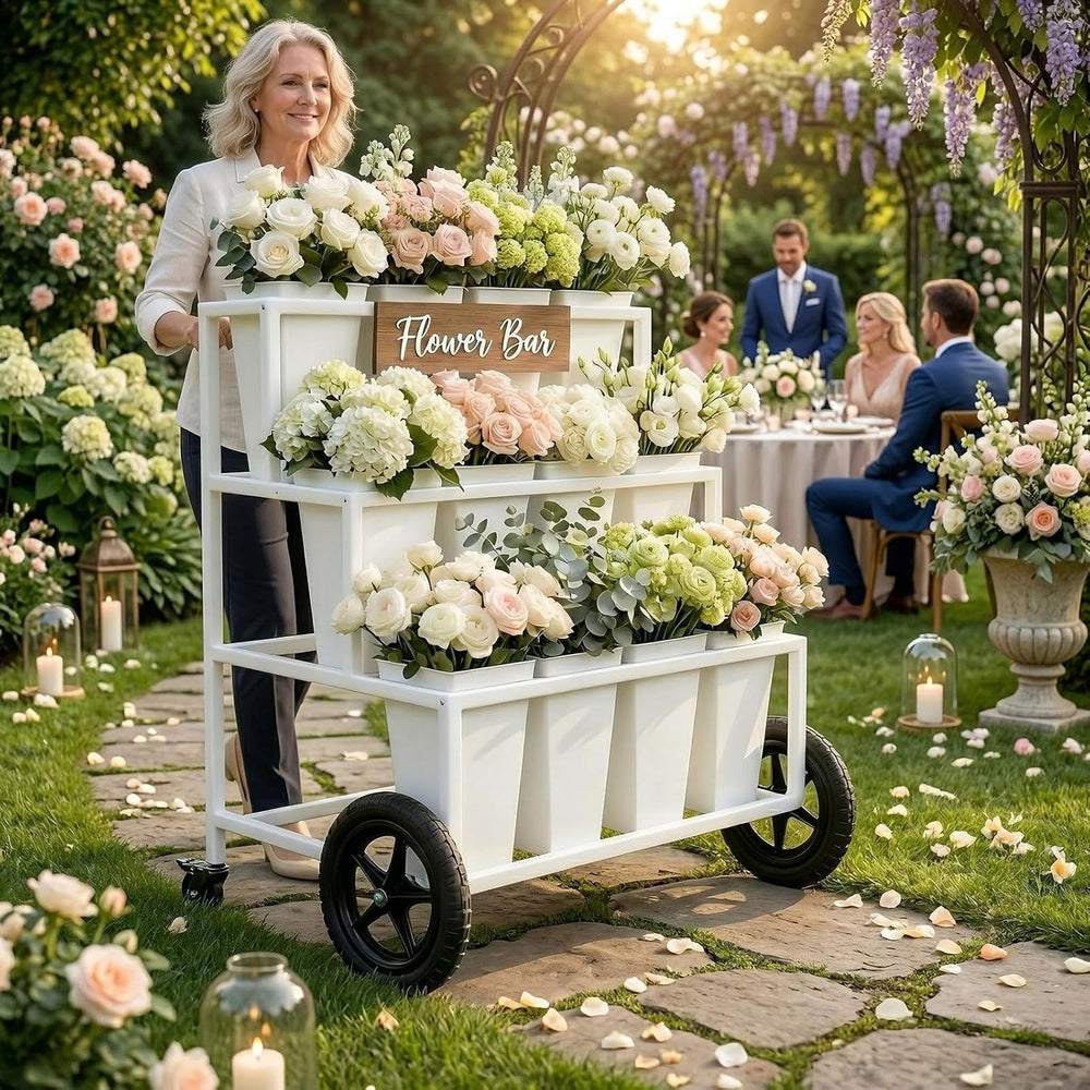 White3 Tier Metal Flower Cart Display Stand with Wheels, Mobile