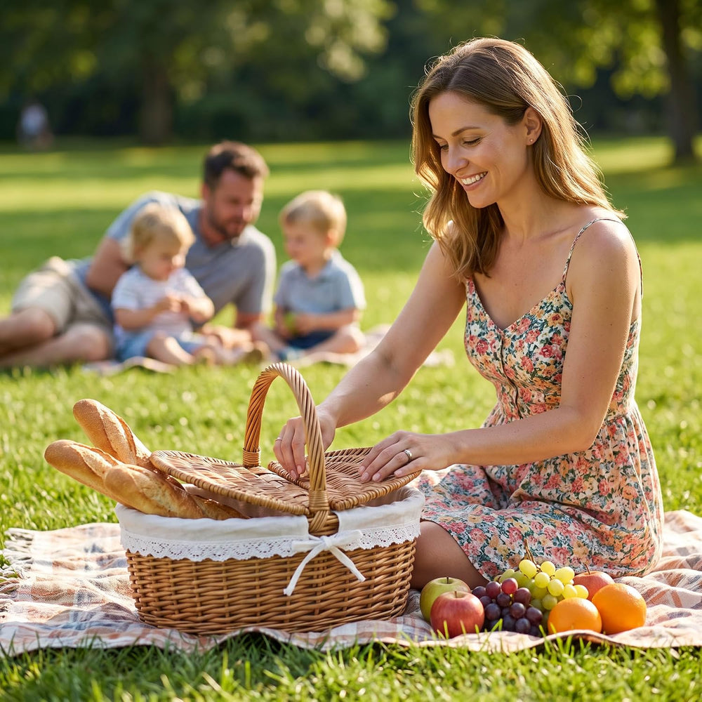 Picnic Wicker Basket with & Handles for Outdoor Camping, White
