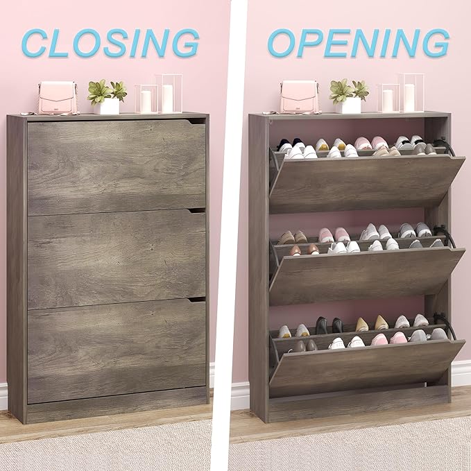 Shoe Cabinet with 3 Flip Drawers, Hidden Wood Shoe Cabinet, Freestanding Shoe