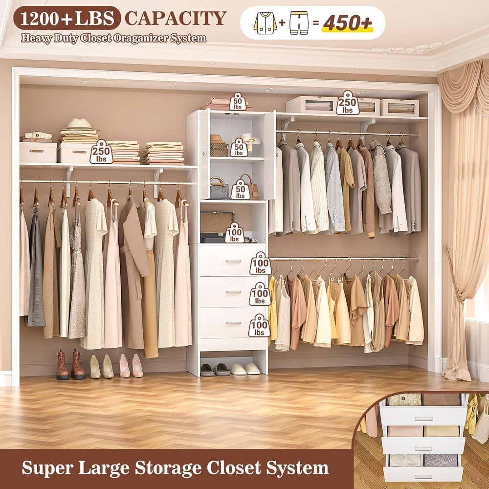 120 Inches Closet System With Doors, 10FT Walk In Closet Organizer with 3 She...