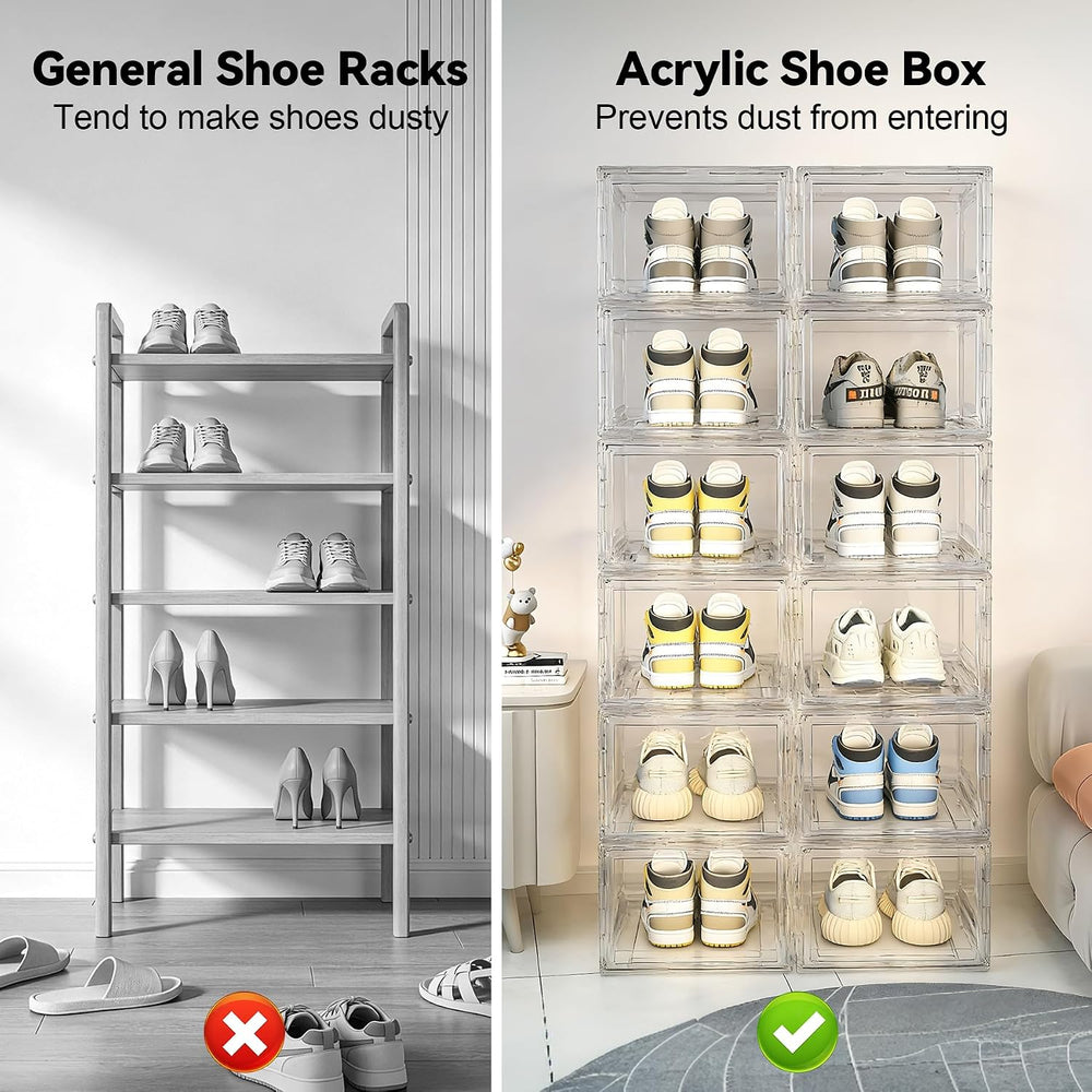 BVBOX 12 Pack Acrylic Shoe Storage Boxes with Magnetic Door - 360° Clear Stac...