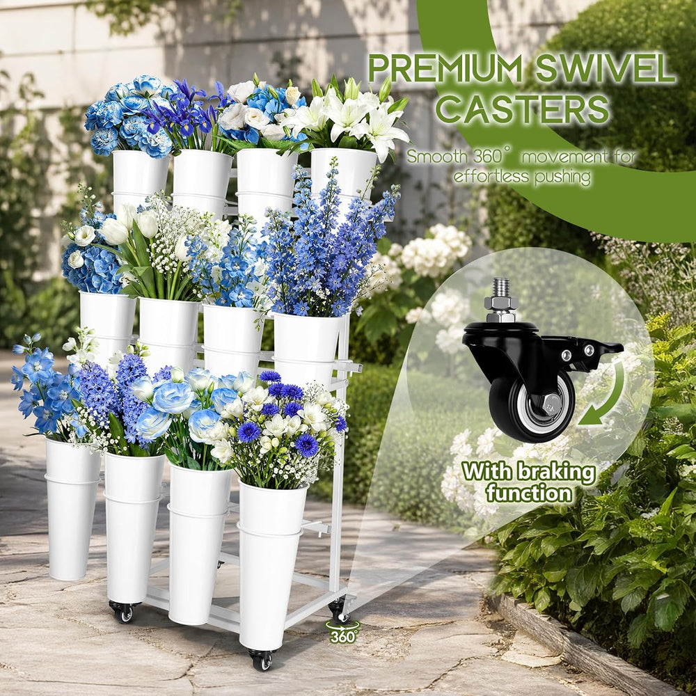 Flower Display Stand With 12 Buckets,3-Tier Flower Bar Stand with Wheels,Flow...