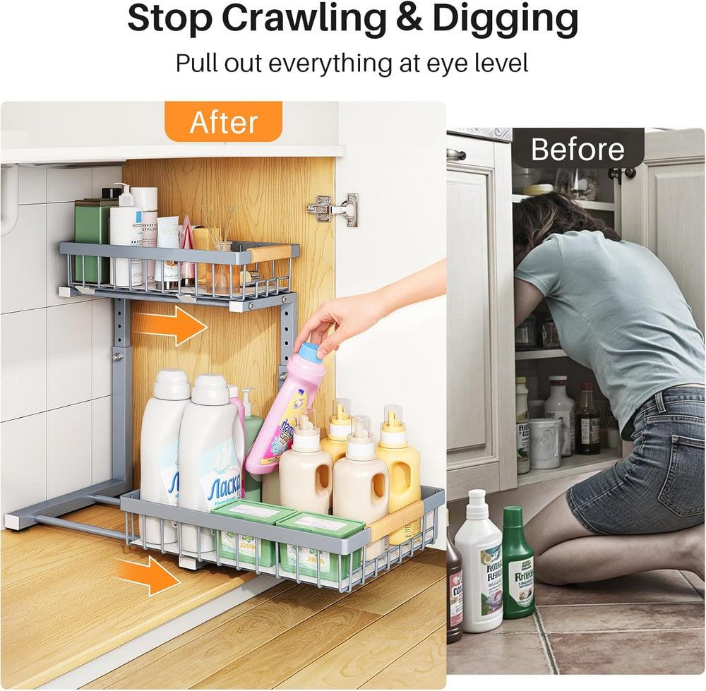 PXRACK Under Sink Organizer, Adjustable Height, 2 Tier Pull Out Under Cabinet...
