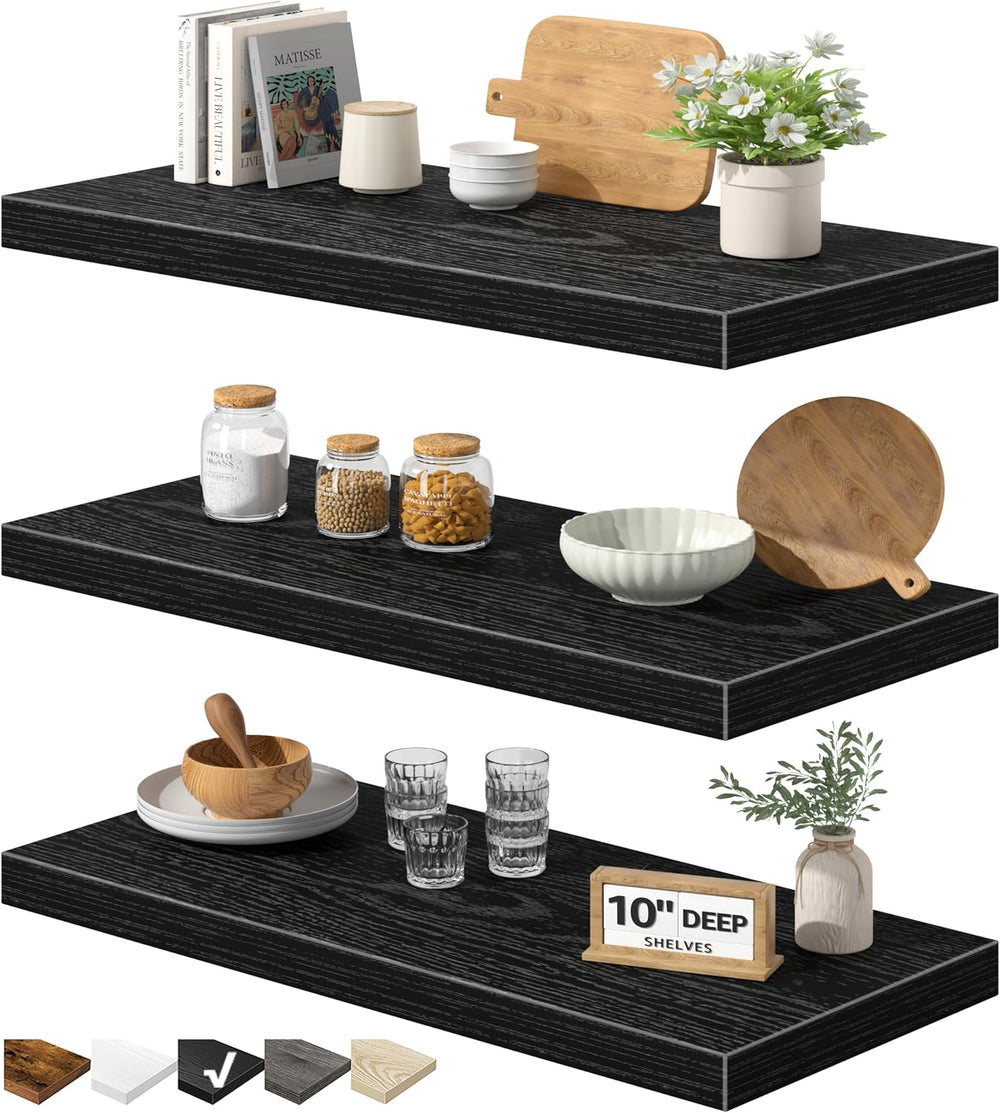 QEEIG 10" Deep Floating Shelves for Wall (Black, Set of 3, 23.6" x ...