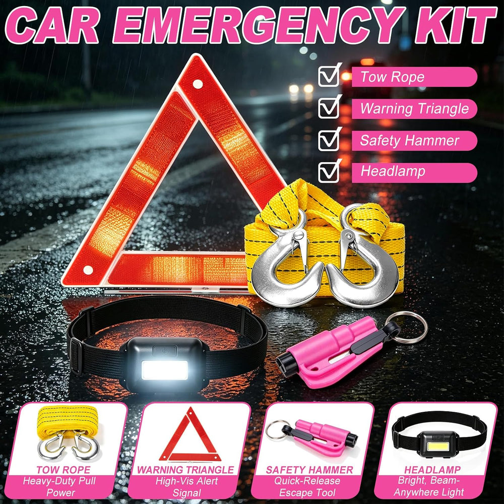 Car Emergency Kit with Portable Air Compressor, Jumper Cables, Tow Straps – R...