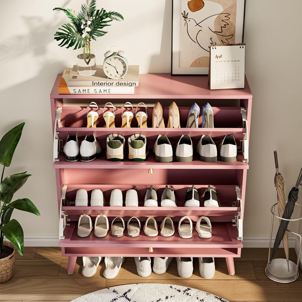 Fsbecl Shoe Storage Cabinet for Entryway with 2 Fluted Flip Drawers, Pink