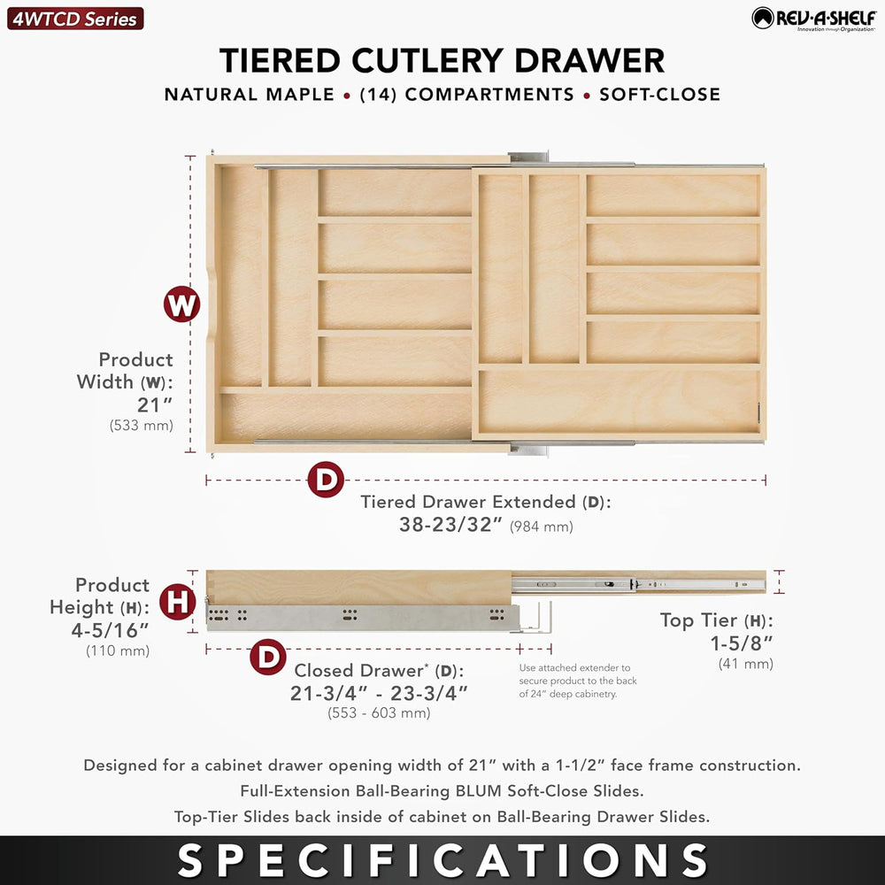 Rev-A-Shelf Replacement Cutlery Drawer System, Min Opening of 21"W
