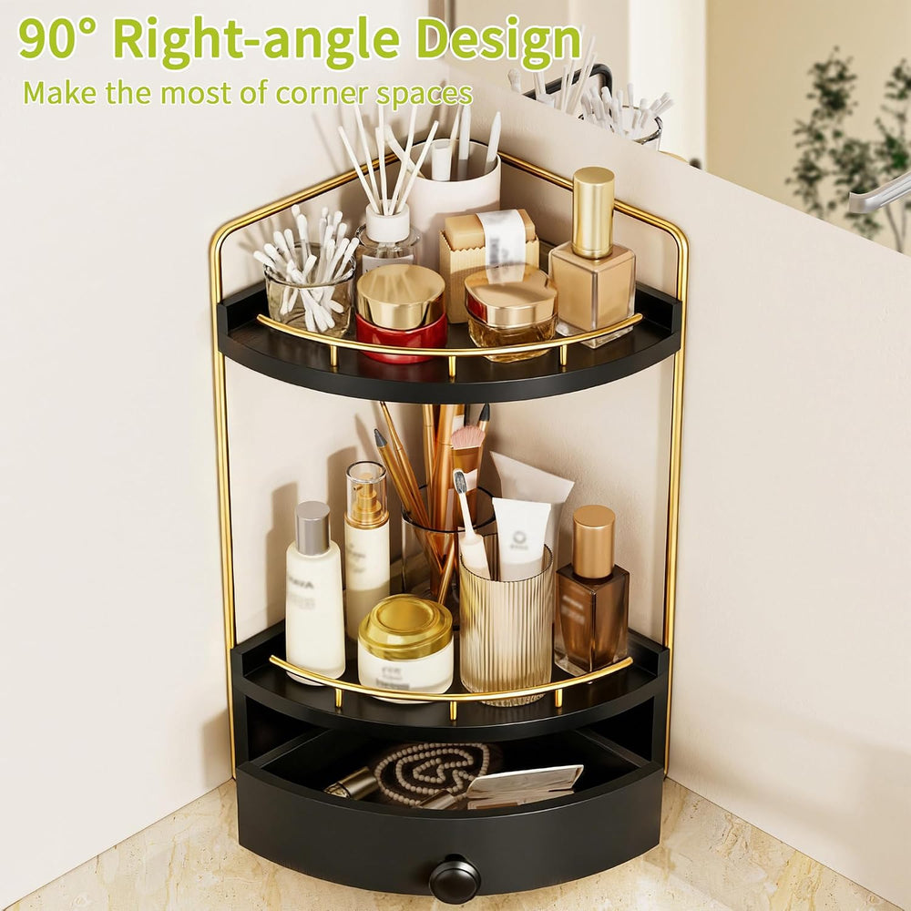 2-Tier Corner Bathroom Counter Organizer with Drawer, Black Gold