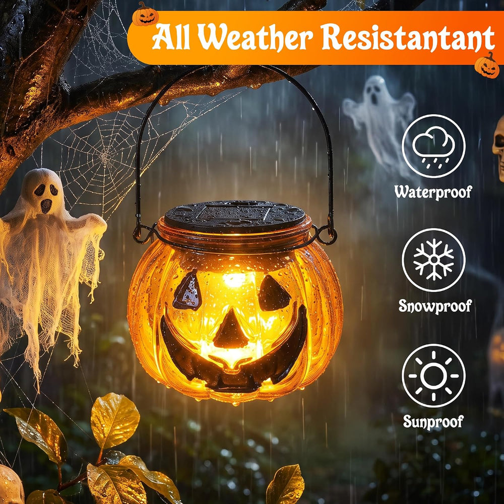 Brizled Halloween Pumpkin Solar Lantern, 2 Pack Glass Hanging Light Outdoor