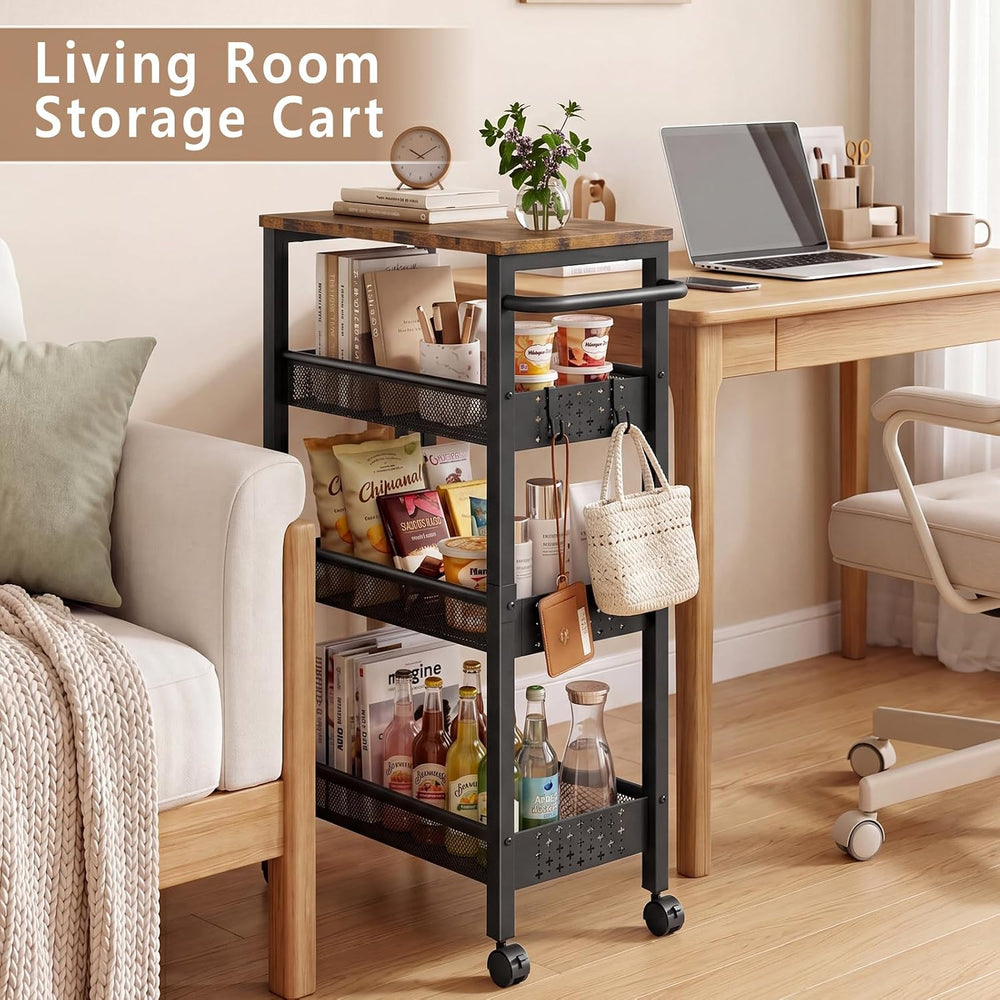 Slim Storage Cart with Wheels, 4 Tier Narrow Organizer, Metal Frame
