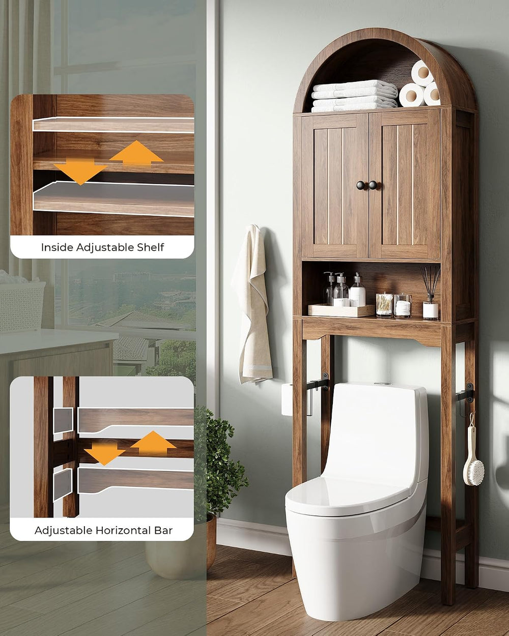 Arched Over the Toilet Storage Cabinet with Fluted Doors, Wood, Walnut