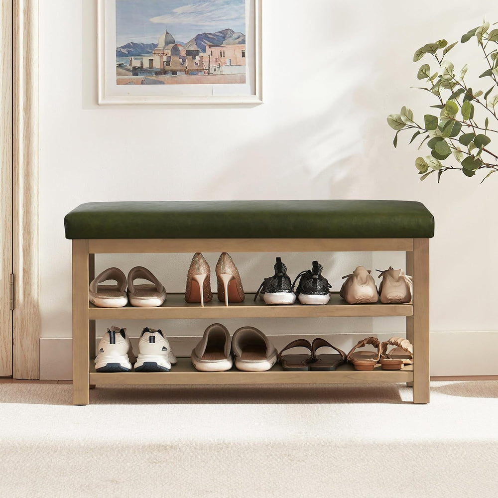 Zihanhome Shoe Rack Bench with Leather Cushion, 2 Tier Solid Wood Storage Ben...