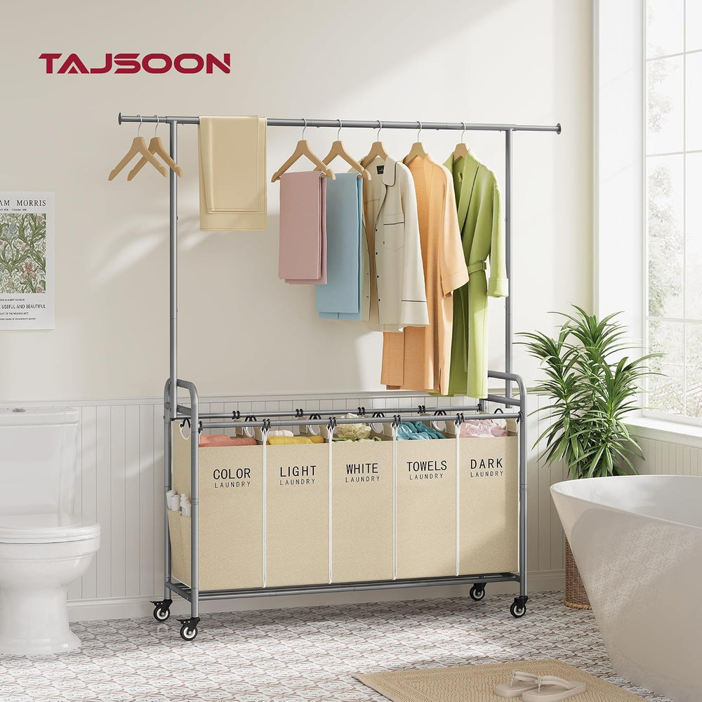 Tajsoon Laundry Cart with Hanging Rack, 65 Gal. Large Laundry Hamper, Beige