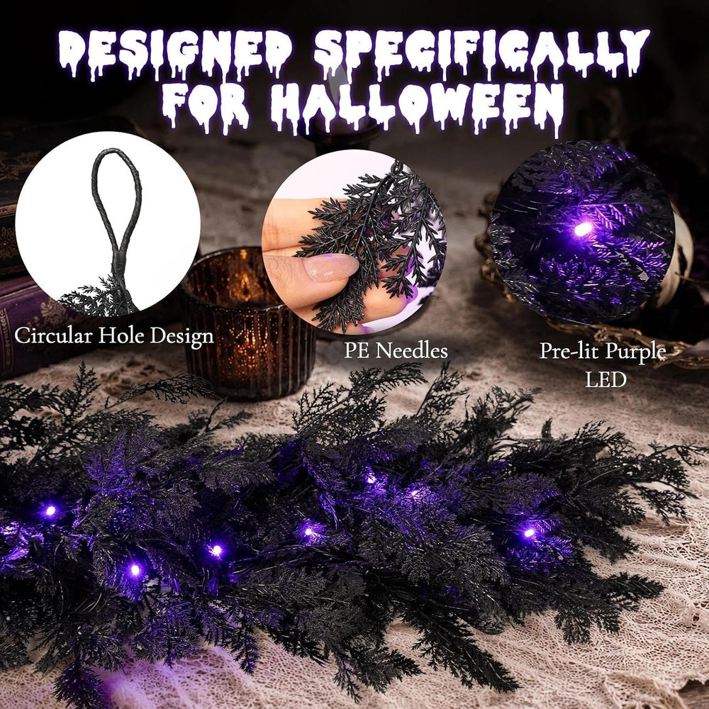 Pre-Lit Halloween Garland 9FT Decorations Black Real Touch Cedar Cypress Pine...