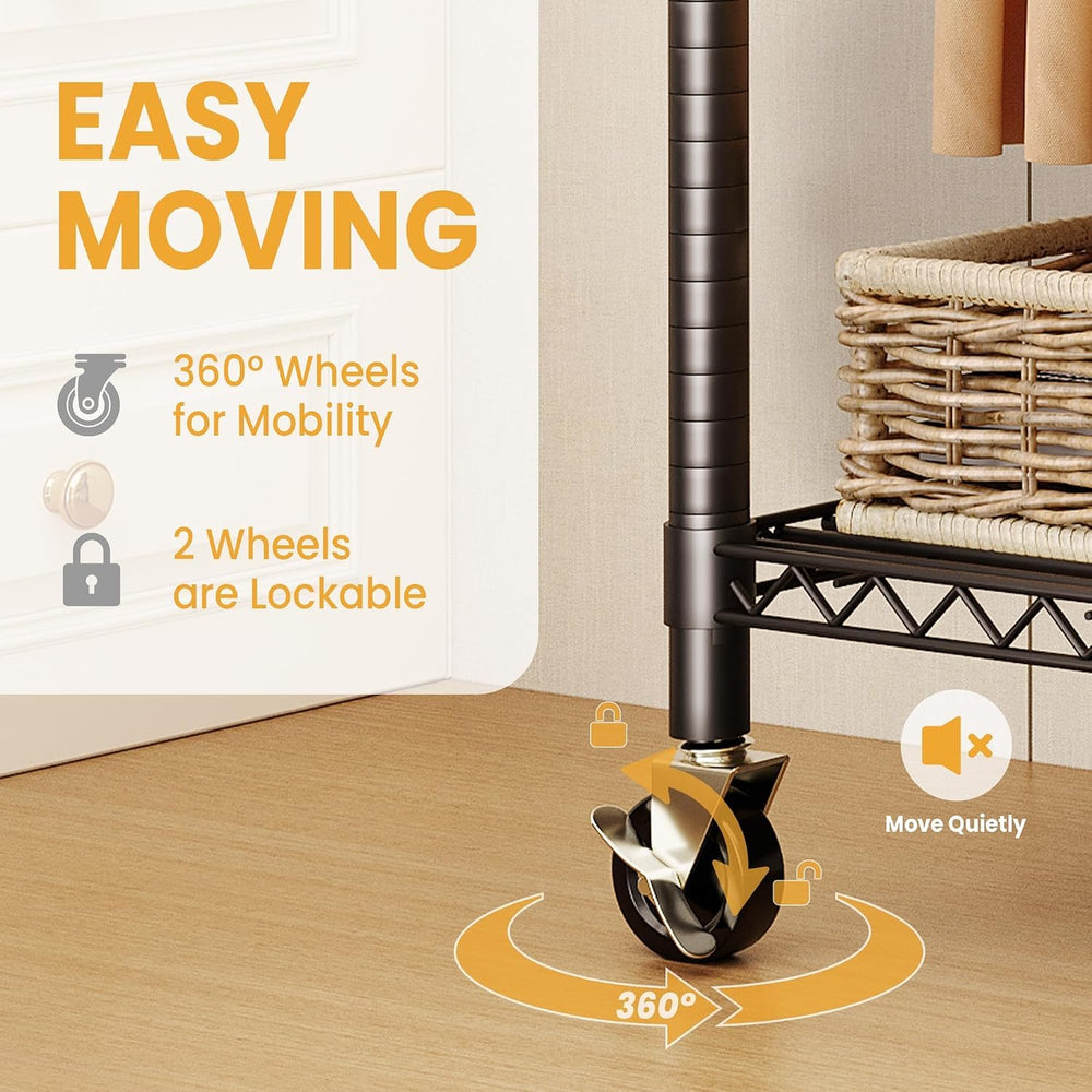 Garvee 3 Tier Clothes Rack with Wheels, Adjustable Shelves & 2 Hanging Ro...