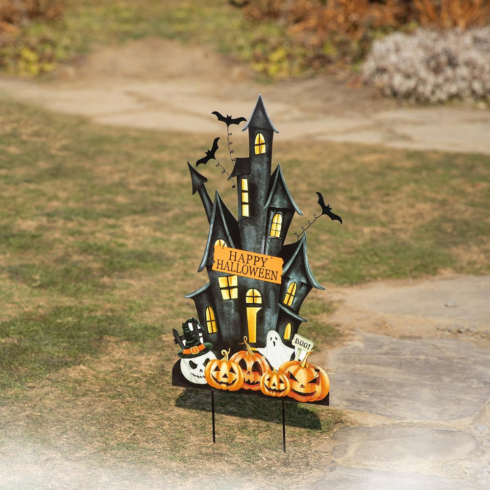 Glitzhome 32" H Halloween Metal Haunted House Yard Stake/Hanging Decor,H...