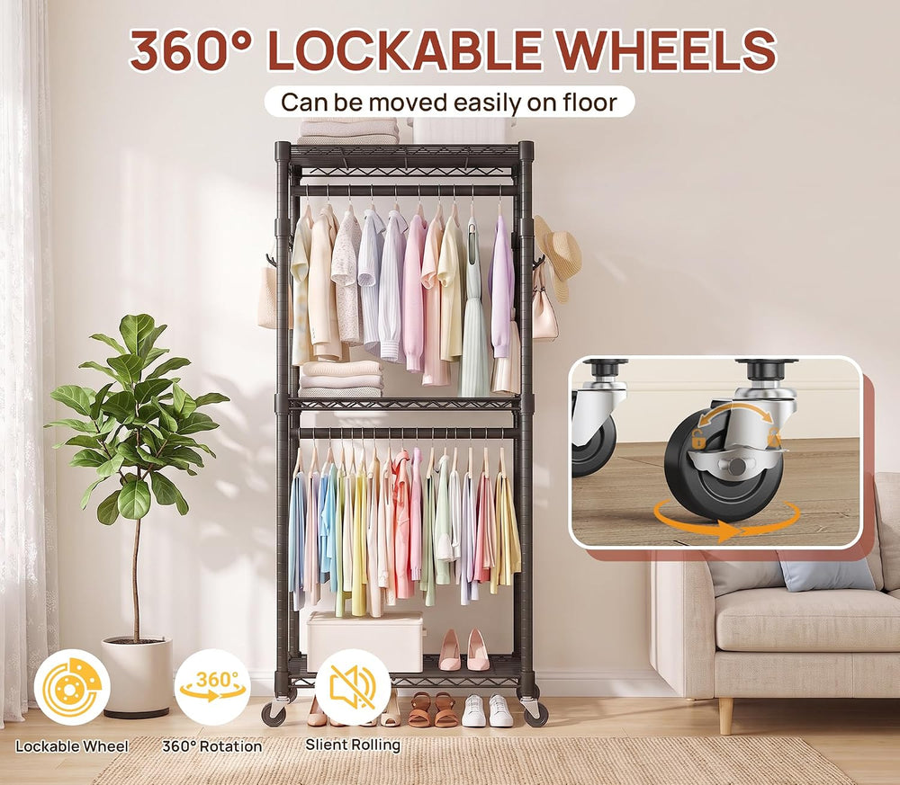 Duty Rolling Rack, 3-Tier Adjustable Clothes Rack with Double Rods, Black