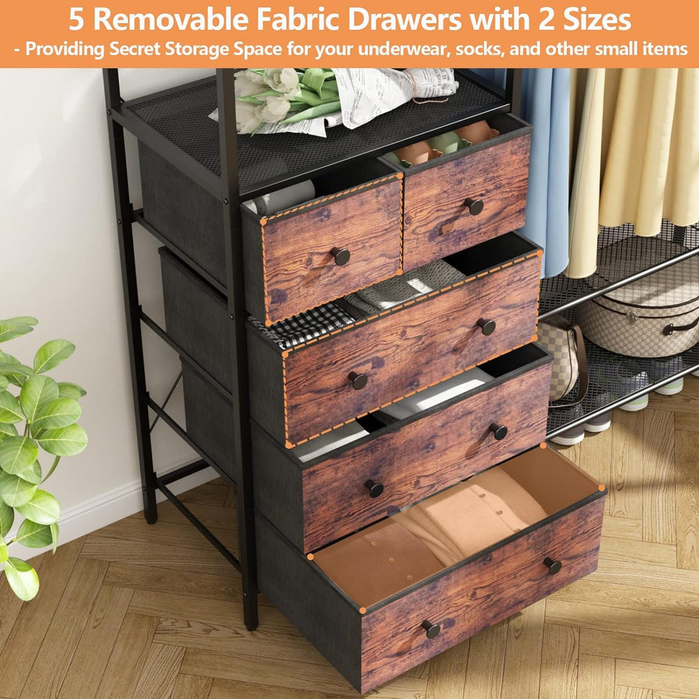Freestanding Clothes Rack with 5 Drawers & 4 Storage Shelves,2 Hanging Rods