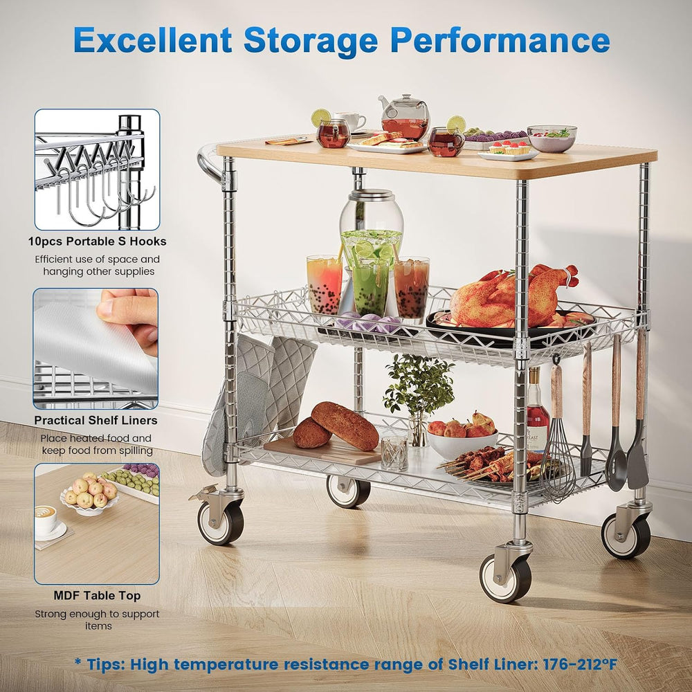Rolling Kitchen Carts with Wheels, 3-Tier Utility Cart with Wood Tabletop