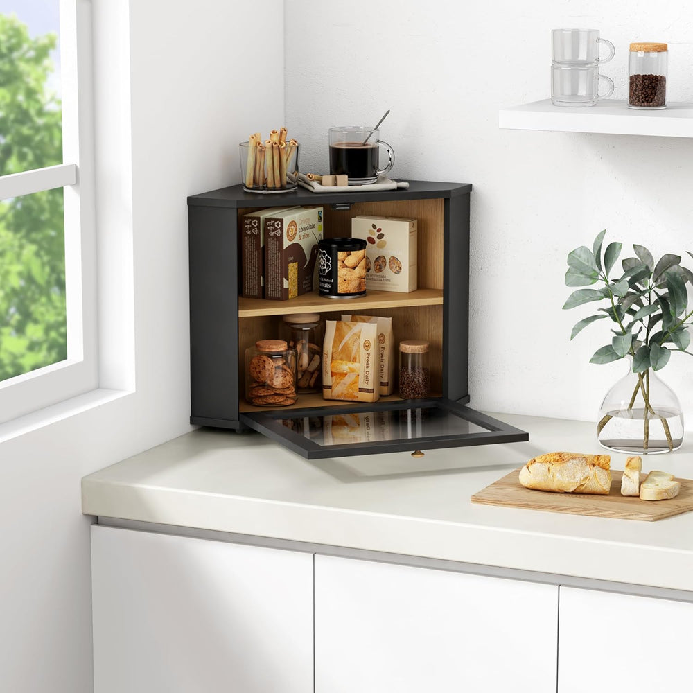 Goozii Corner Bread Box 2 Tier, Double Layer Black Breadbox for Countertop