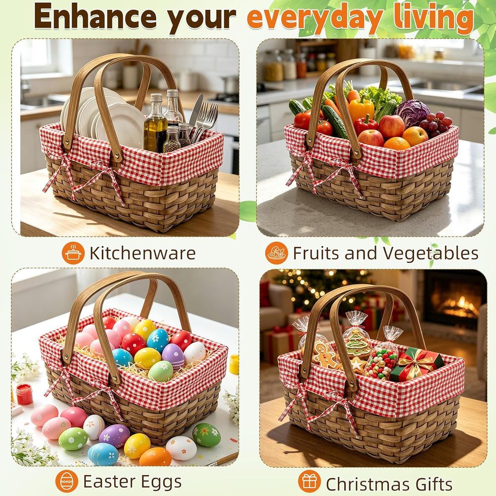 2 Size Picnic Basket, Woven Basket with Double Folding Handles 16''