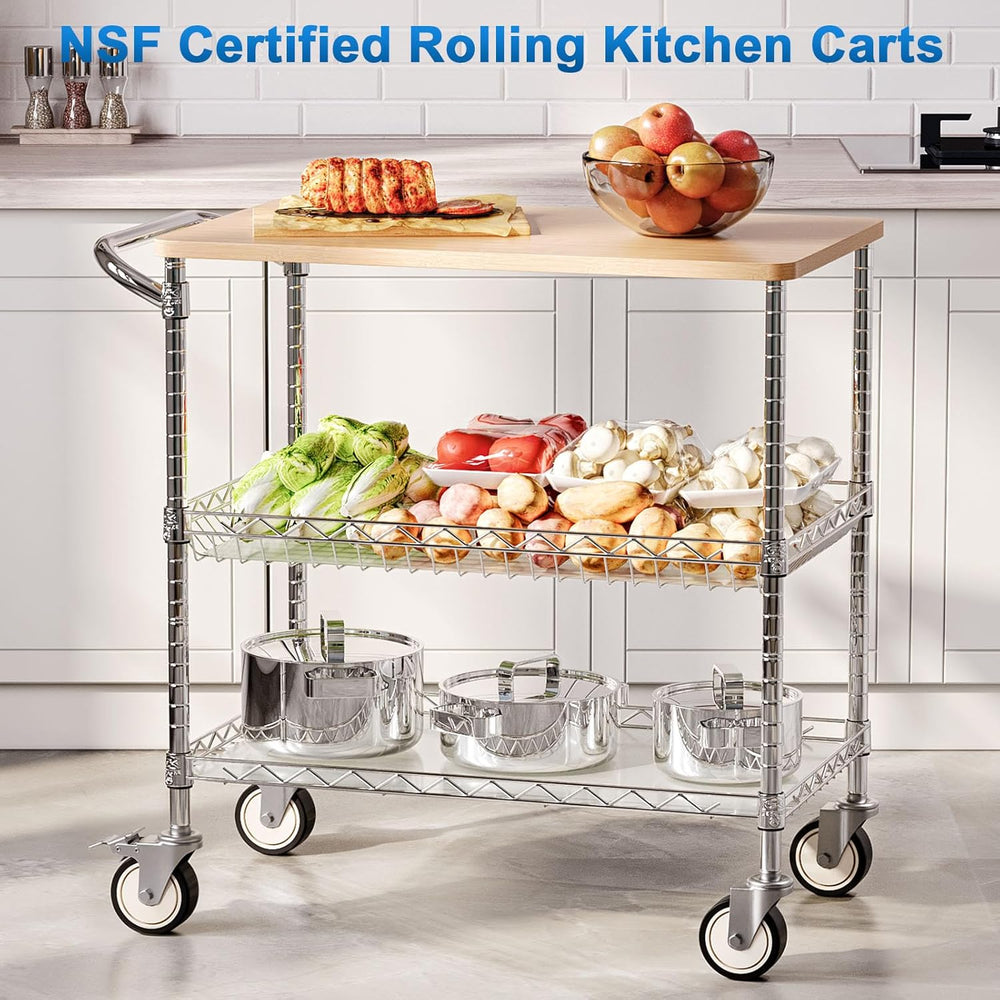 Rolling Kitchen Carts with Wheels, 3-Tier Utility Cart with Wood Tabletop