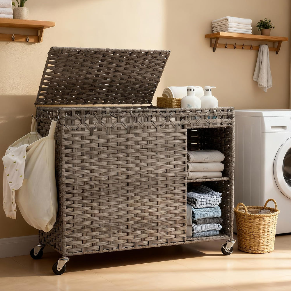 Laundry Hamper with Lid, 160L Rattan Wicker Laundry Basket with Wheels, Handw...