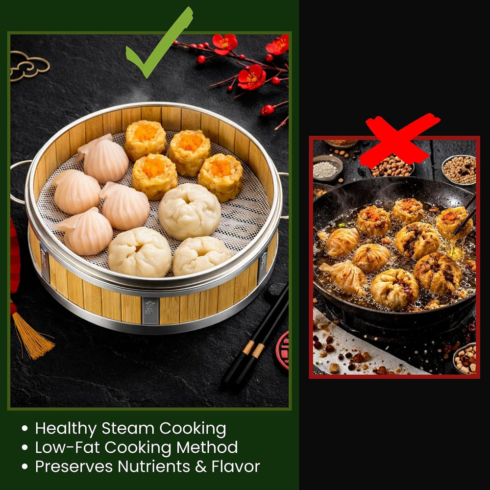 Bamboo Steamer 10" - Heavy-Duty Dumpling Steamer Basket, 2 Tier Bamboo S...