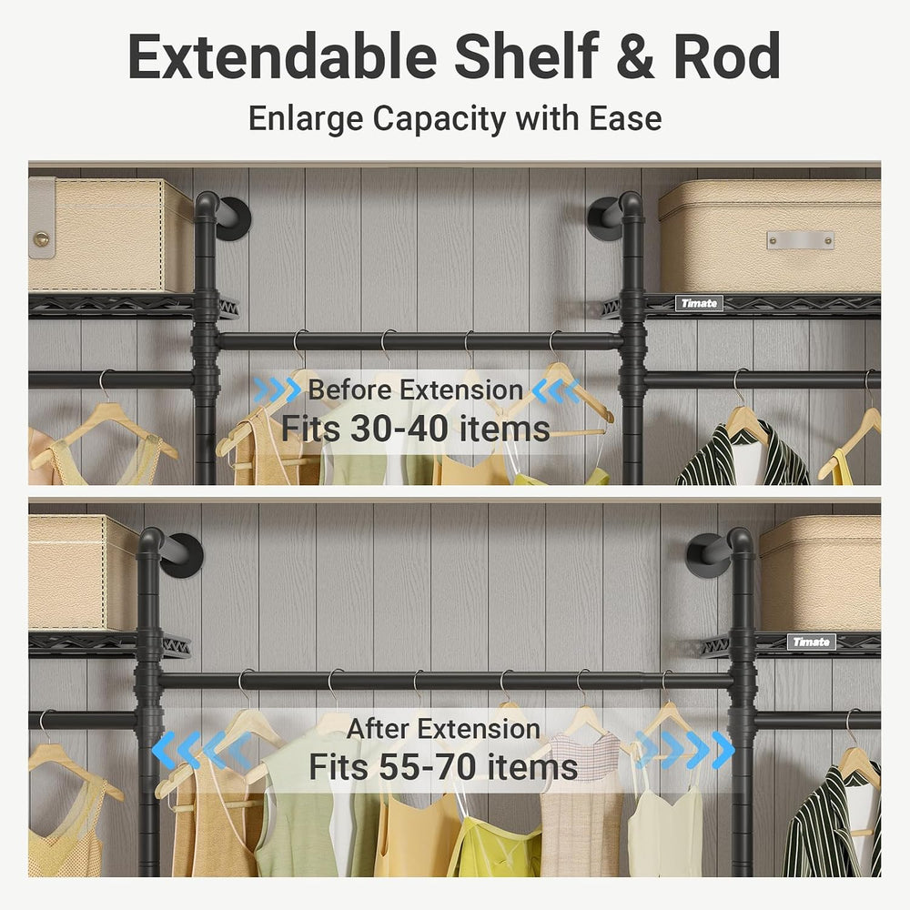 Timate F3 Medium Wall Mounted Clothes rack Expandable Closet, Industrial Pipe...