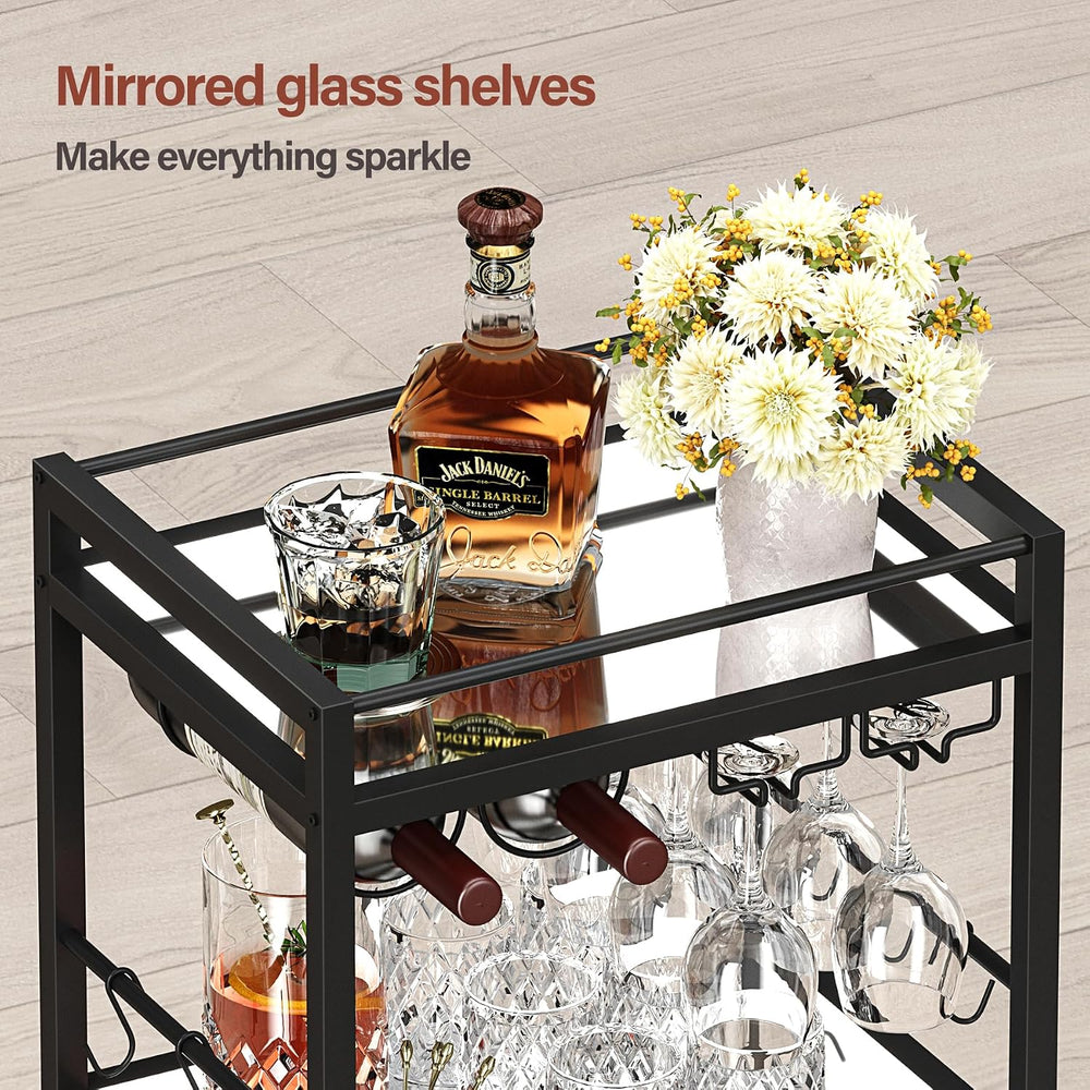 TUTOTAK Bar Cart with 3 Mirrored Shelves, Wine Rack & Glass Holder