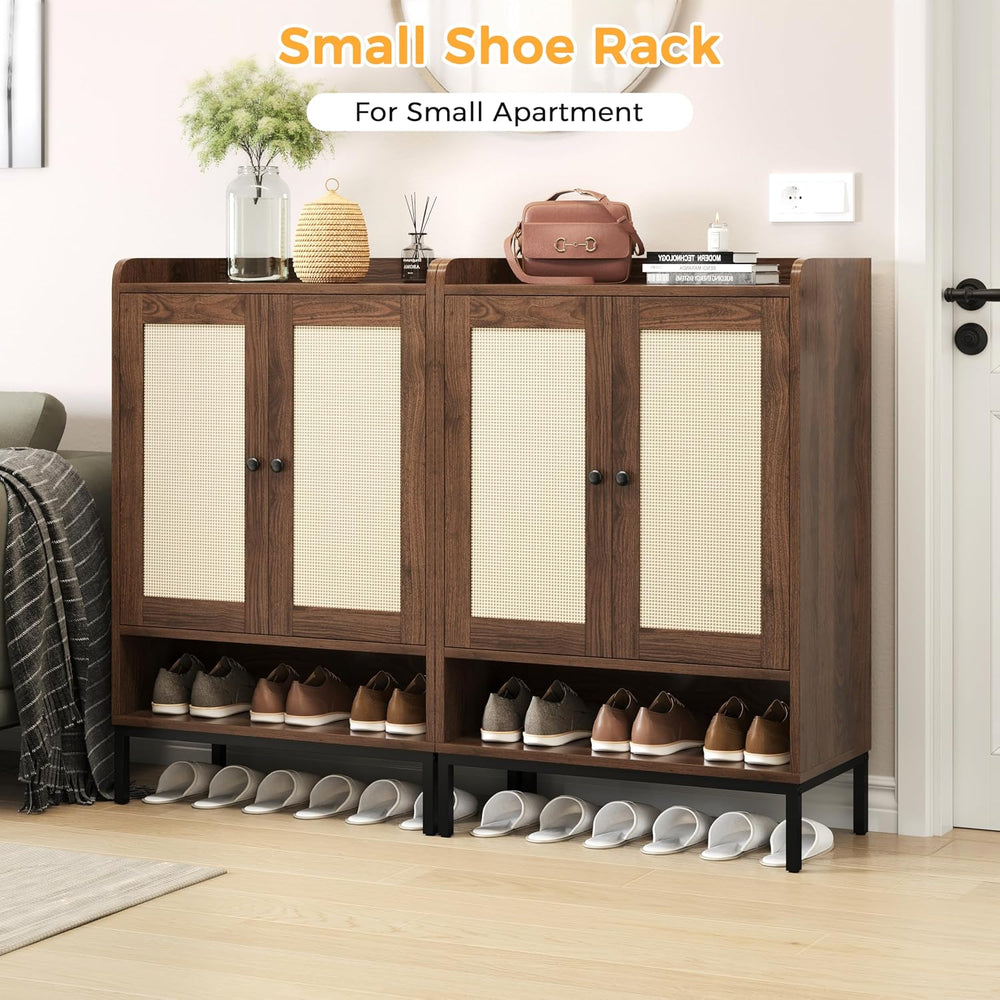 JASIWAY Shoe Cabinet for Entryway, Rattan Shoe Rack Organizer with Doors