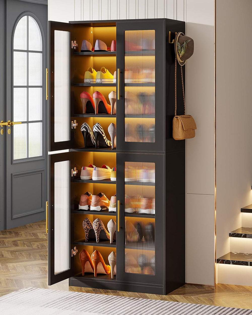 Tribesigns Black Shoe Storage Cabinet with Acrylic Doors and LED Lights, 8-Ti...