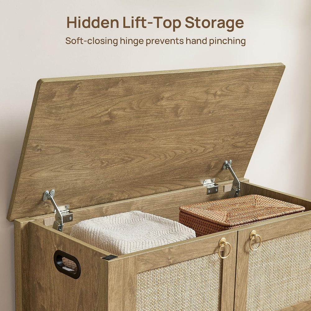 SICOTAS Rattan Storage Bench Boho Storage Chest with 2 Safety Hinges