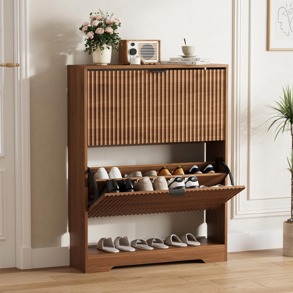 HUANLEGO Shoe Cabinet Storage for Entryway with 2 Flip Drawers, Walnut Fluted...