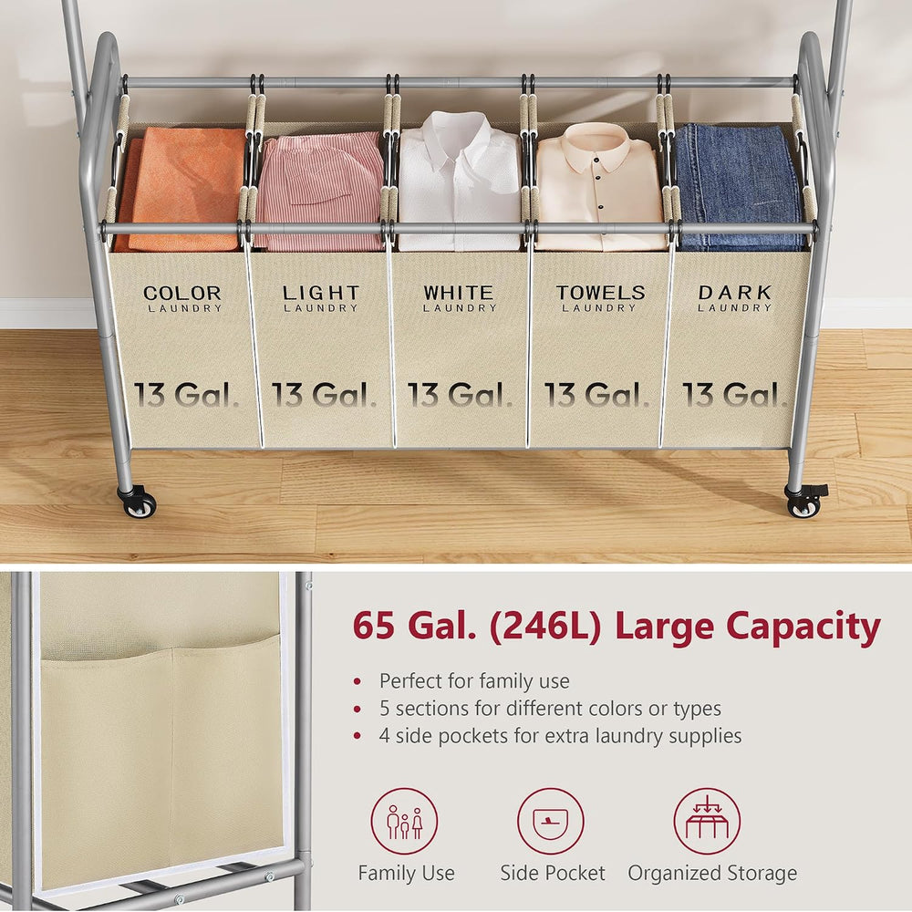 Tajsoon Laundry Cart with Hanging Rack, 65 Gal. Large Laundry Hamper, Beige