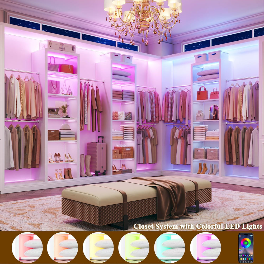 100'' Closet System with 4 Hanging Rods & LED Lights, 2-8 FT Wood...