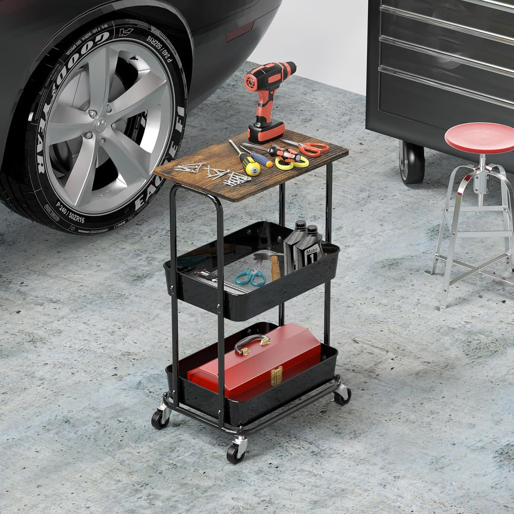 Simple Houseware 2-Tier Utility Cart Wood Top/Lockable Wheel, Rustic Brown