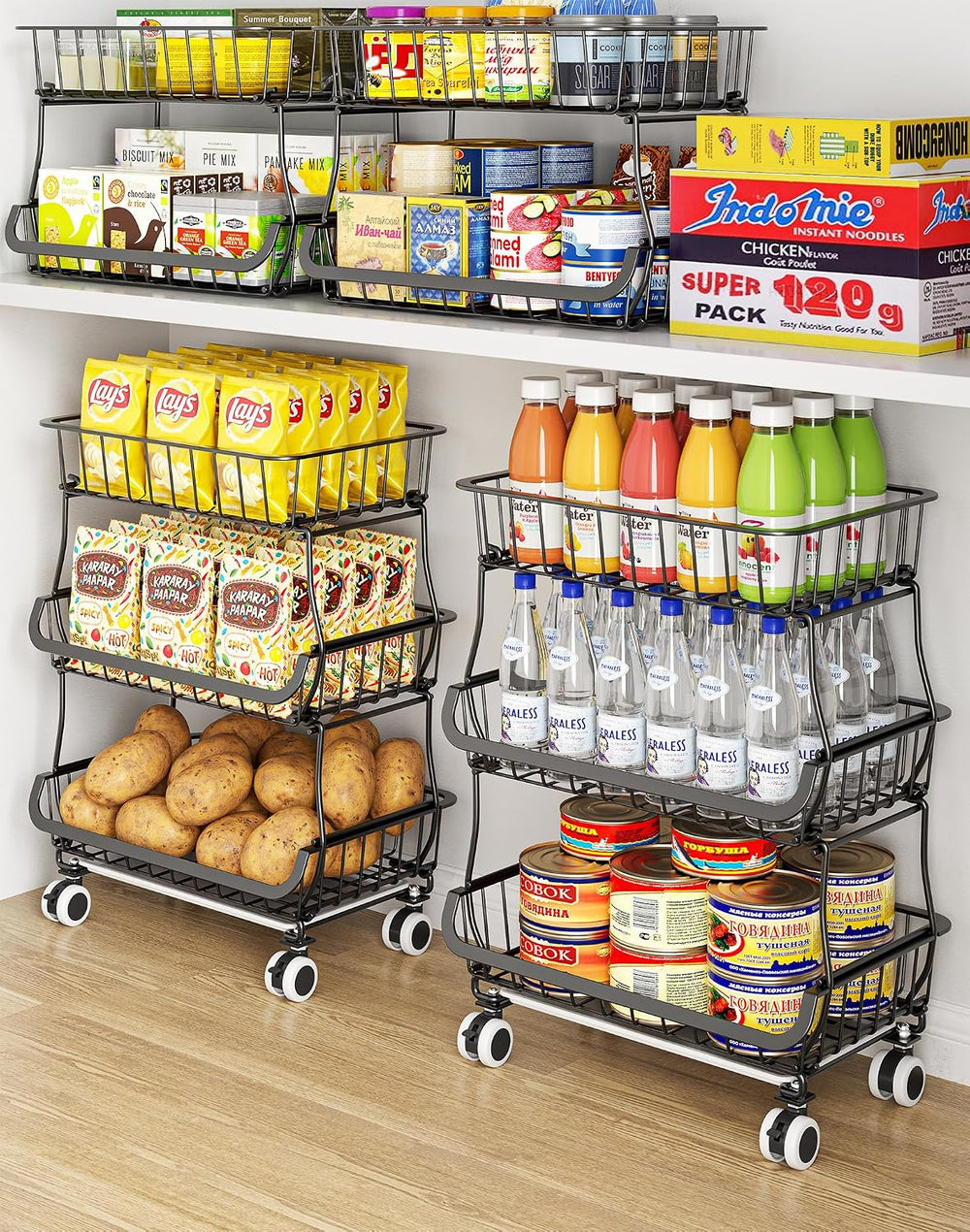 OKZEST 3-Tier Rolling Pantry Floor Organizers and Storage Cart with Wheels