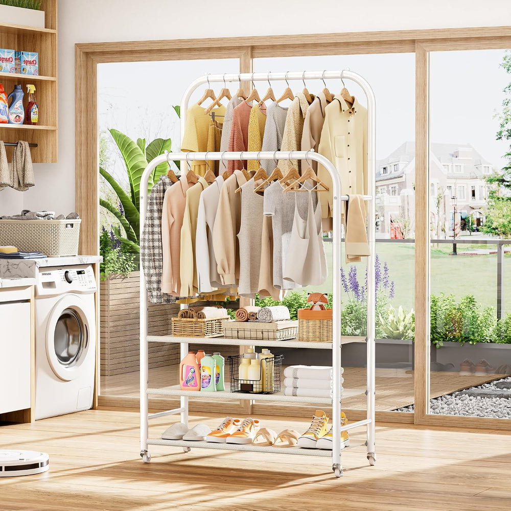 HOMIDEC Clothes Rack,Double Rods Clothing Rack with 3 Tier Shelve&Wheels