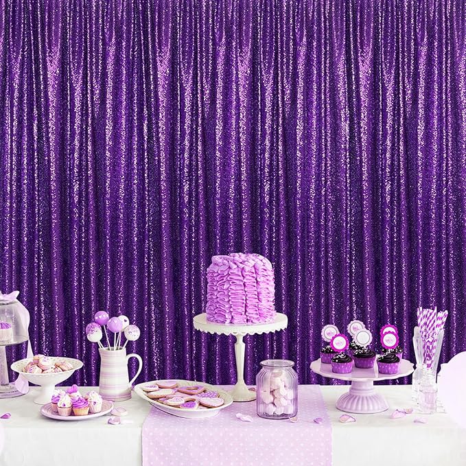 Purple Halloween Backdrop - Sequin Backdrop 2 Pieces 3x8FT Purple Glitter Dra...