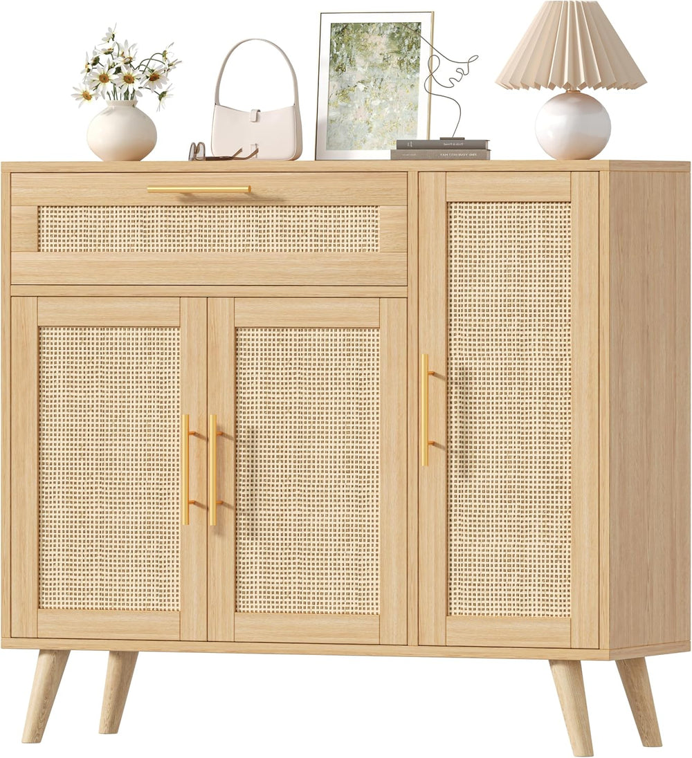Kitchen Buffet Cabinet with 3 Doors, Rattan Storage Cabinet