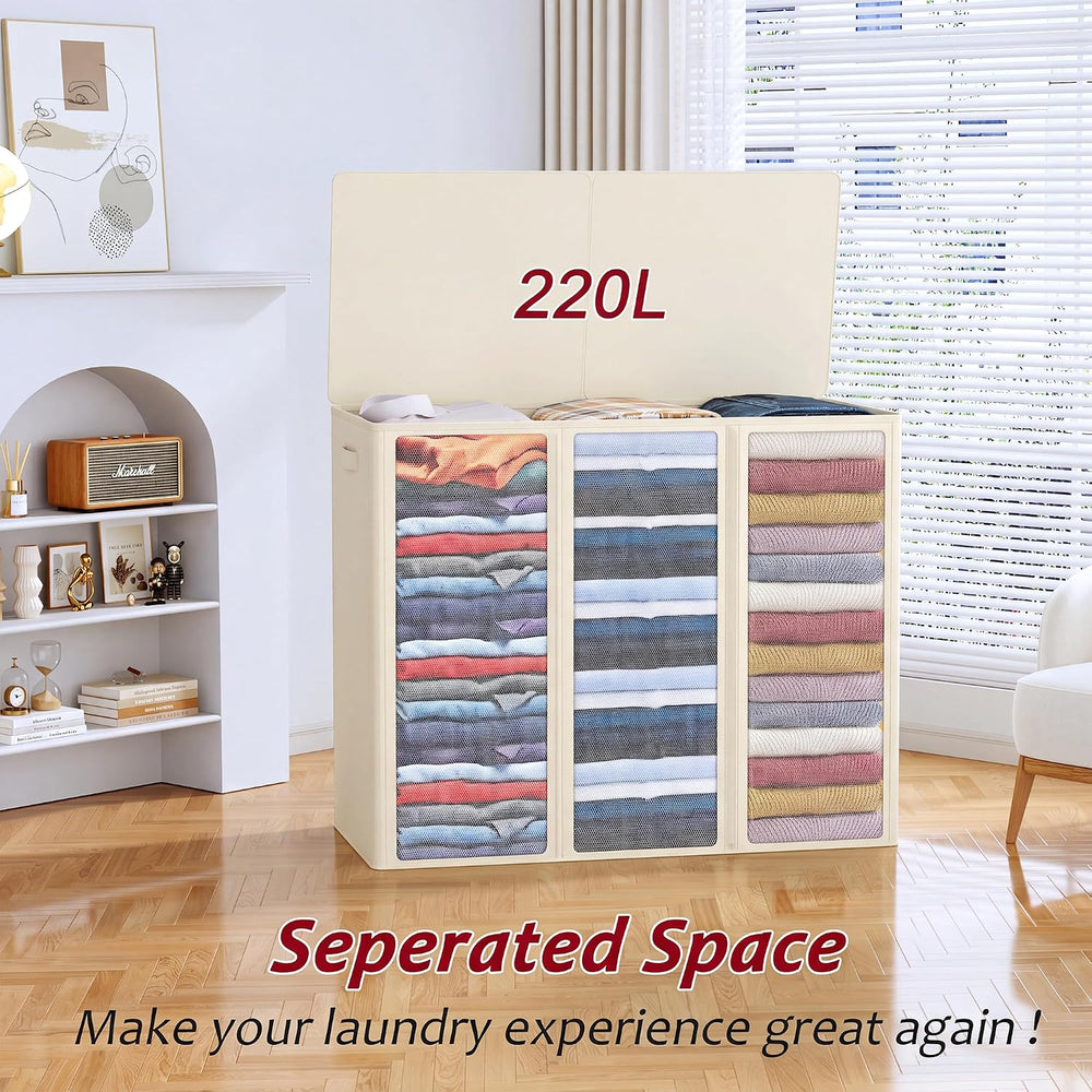 220L Laundry Hamper 3 Section,Large Laundry Hamper with Lid,Dirty Clothes Ham...