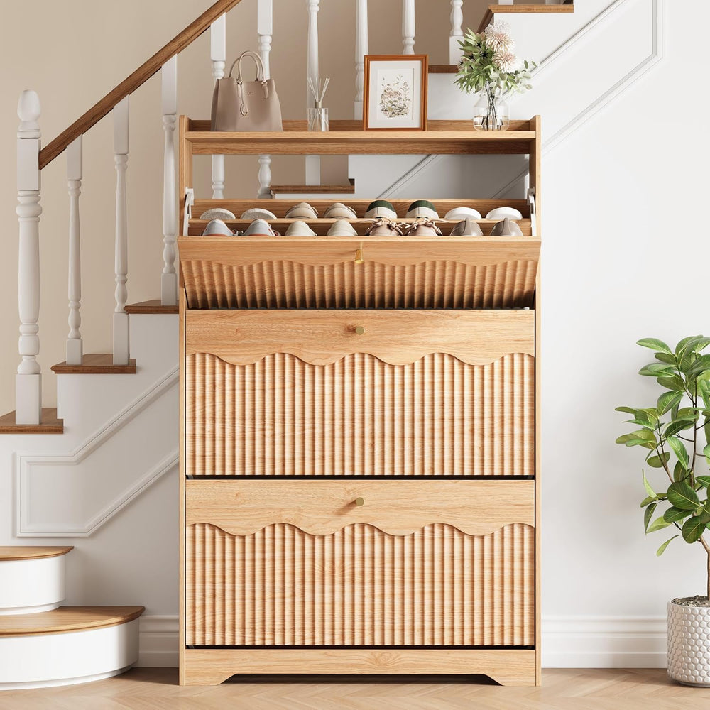 HUANLEGO Shoe Cabinet Storage for Entryway with 3 Flip Drawers, Oak
