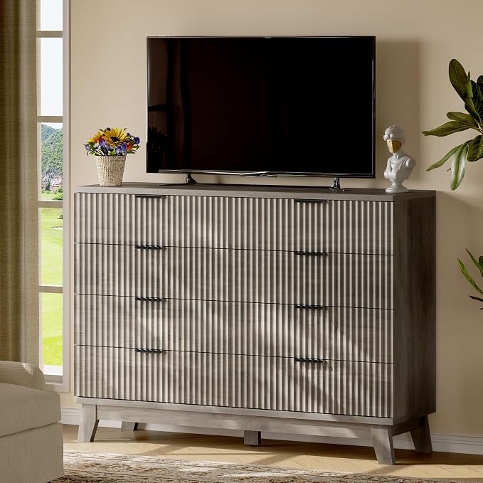 Fluted Dresser with 8 Drawers, Wooden Dresser TV Stand, Modern Closet Clothes