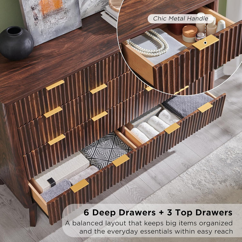 T4TREAM 54" Wide Fluted 9 Drawer Dresser for Bedroom, Dark Walnut