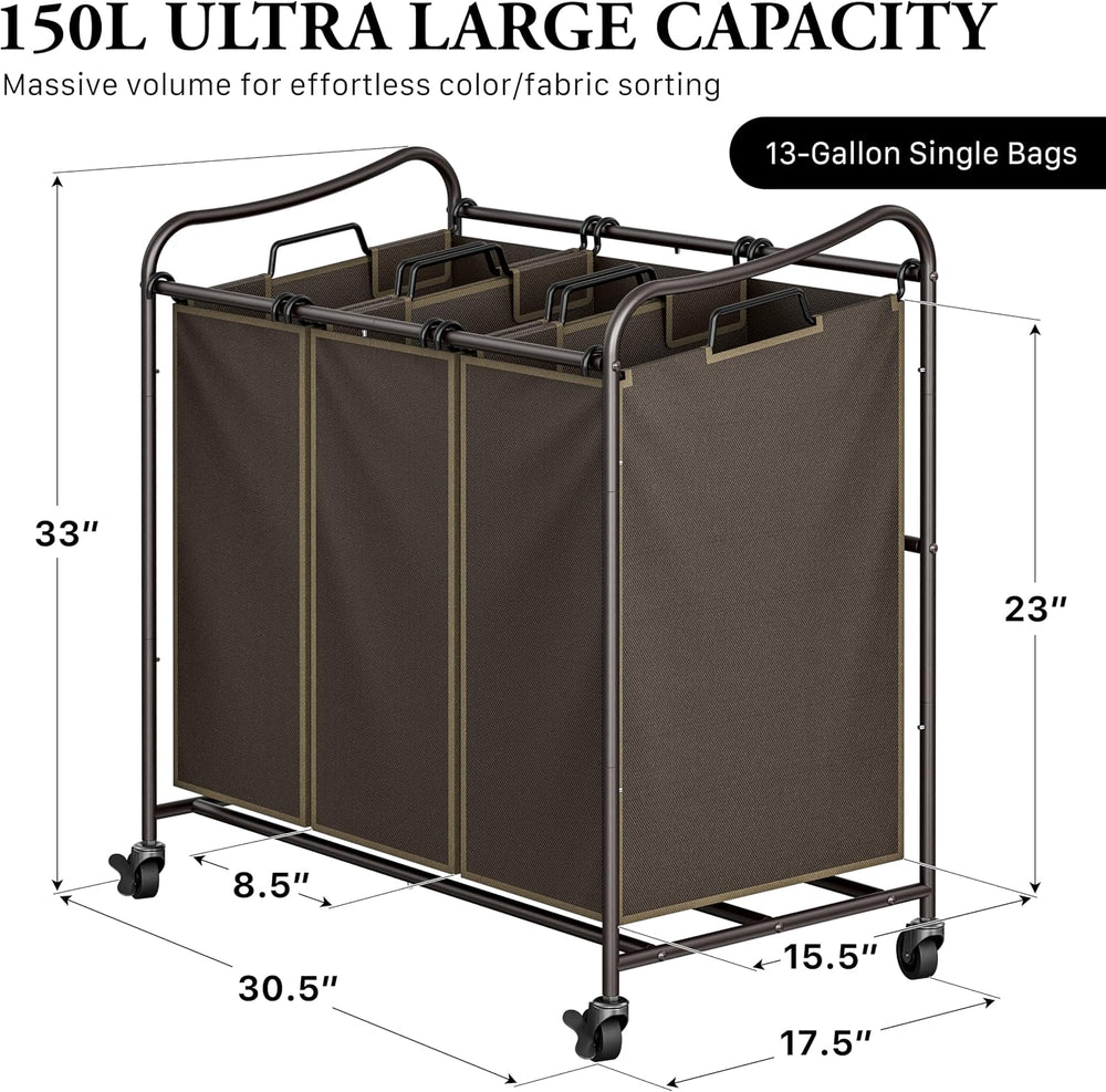 Simple Houseware Heavy Duty 3-Bag Laundry Sorter Rolling Cart, Bronze